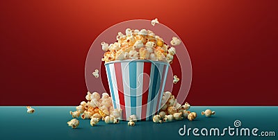 food box background film container bucket corn blue red popcorn cinema. Generative AI. Stock Photo