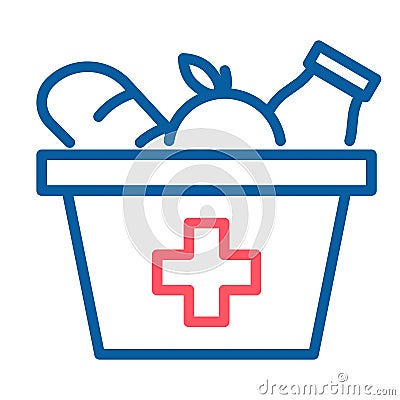 Food box with a red cross icon. Vector thin line illustration. Grocery provisions donation. Vector Illustration