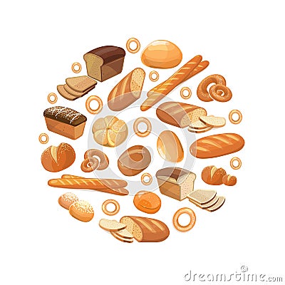 Food bread rye wheat whole grain bagel sliced french baguette croissant vector icons in circle Vector Illustration