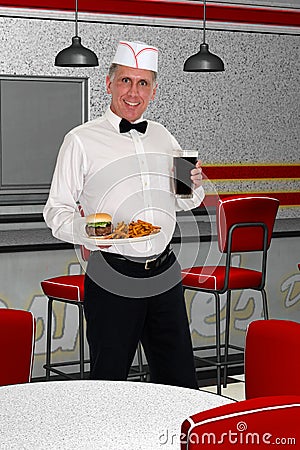 Food Burger Fries Coke Served by Retro Soda Jerk Stock Photo