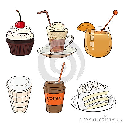 Food cafe set Morning breakfast lunch or dinner kitchen doodle hand drawn sketch rough simple icons Vector Illustration