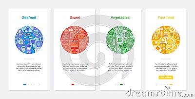 Food cafe shop menu circle collection, UX, UI onboarding mobile app page screen set Vector Illustration