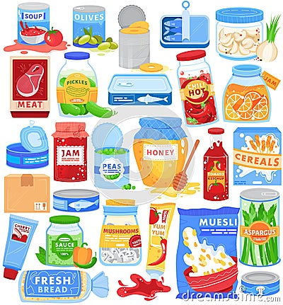 Food can packaging vector illustration set, cartoon flat canned food product collection with fruit jam jar, tin Vector Illustration