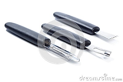 Food carving tools: Vegetable peeler, zester, channel knife Stock Photo