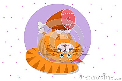 Food for cats and pets. A cute cartoon red fat cat, kitty lies on its back and holds in its paws big appetizing ham. Vector Vector Illustration