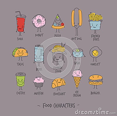 Food characters gray Vector Illustration