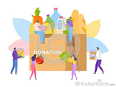 Food charity community, volunteer donate product, vector illustration. Woman man help by assistance, donation and aid Vector Illustration