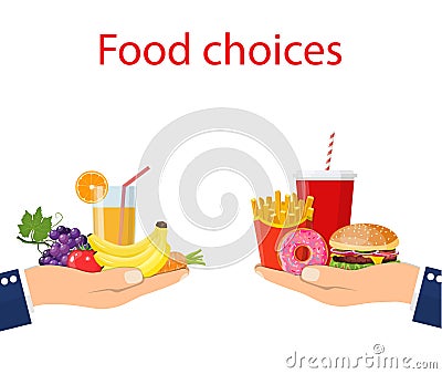 Food choice. Healthy and junk eating. Vector Illustration