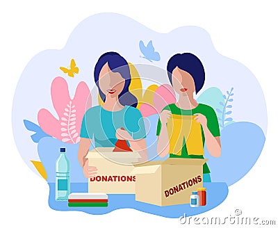 Food and clothes donation. Social care and charity concept. Volunteer people young women collect donations into boxes Vector Illustration