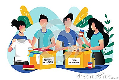 Food and clothes donation. Vector flat illustration. Social care and charity concept. Volunteer collect donations Vector Illustration