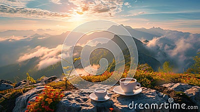 Food and coffee at mountain top at sunrise or sunset, amazing breakfast with stunning landscape view. Concept of travel, hike, sun Stock Photo