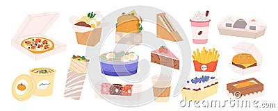 Food and coffee to go. Sandwiches and salads, takeaway pizza and sushi. Take out meal carton or paper and plastic packs Vector Illustration