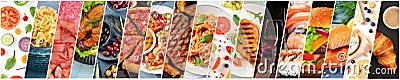 Food collage design template. Various tasty dishes, including a burger, a pizza, pasta, beef steak. A restaurant menu Stock Photo