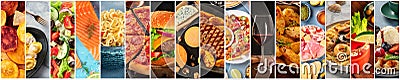 Food collage design template. Various tasty dishes, including a burger, a pizza, seafood, beef steak Stock Photo