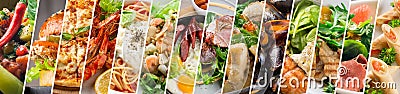Food collage design template. Various tasty dishes. A restaurant menu cover or a groceries shop flyer. Banner Stock Photo