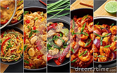 Food collage. Indian chinese cuisine dishes set. Asian Dishes Photo Collage. Schezwan dishes Stock Photo