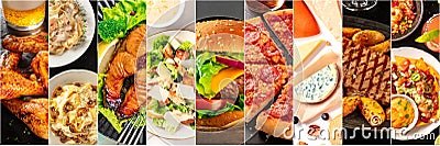 Food collage panorama, design template. Various tasty dishes, including a burger, a pizza, seafood pasta, beef steak. A restaurant Stock Photo