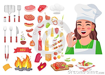 Food collection, cook woman show okay gesture, good delicious yummy meal, tools for kitchen Vector Illustration