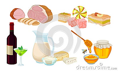 Food Compositions with Pastry and Dairy Products Vector Set Vector Illustration