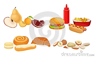 Food Compositions with Sugary Dessert, Fruits and Fast Food as Harmful and Healthy Nutrition Vector Set Vector Illustration