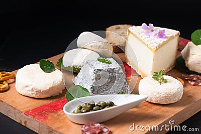 Food concept assortment French organic fresh goat cheese on wooden cheese board on black background with copy space Stock Photo