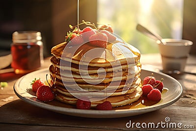 Delicious pancakes with berries and syrup Stock Photo