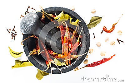 Food concept Exotic Thai dried spices chilies in mortar, Kaffir Stock Photo