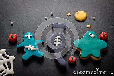 Food concept homemade fancy monster fondant sugar cookies for pa Stock Photo