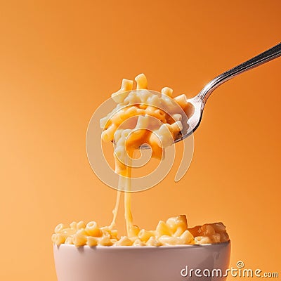 Food concept. A spoon of Macaroni Mac and Cheese baked cheesy with melting dripping cheese American classic staple Stock Photo