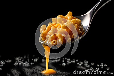 Food concept. A spoon of Macaroni Mac and Cheese baked cheesy with melting dripping cheese American classic staple Stock Photo