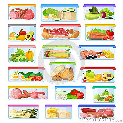 Food Containers with Different Products as Storage and Safekeeping Big Vector Set Vector Illustration