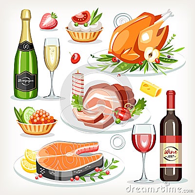 Food cooked dishes festive holiday celebration set collection Vector Illustration