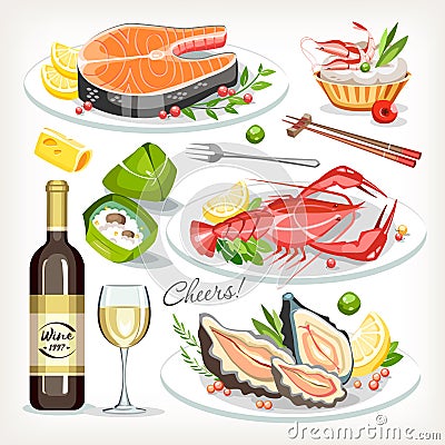 Food cooked dishes festive holiday celebration set collection Vector Illustration