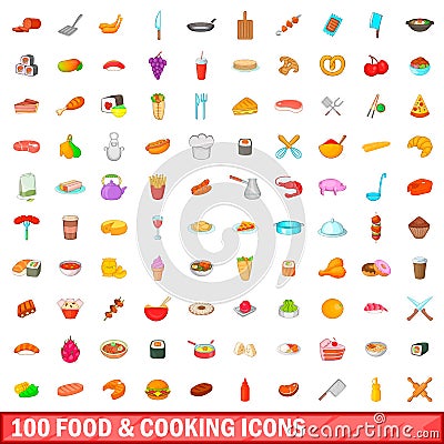 100 food and cooking icons set, cartoon style Vector Illustration