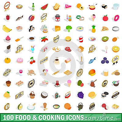 100 food and cooking icons set, isometric 3d style Vector Illustration