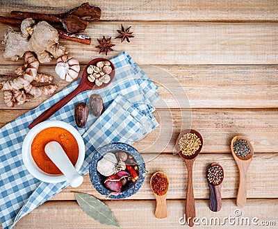 Food Cooking ingredients. Dried Spices herb cinnamon sticks,bay Stock Photo