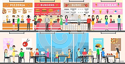 Food court interior set. Vector Illustration