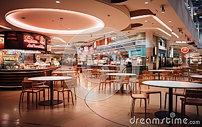 Rewrite this title :food court self serve cafe hawker centre interior Generative AI Stock Photo