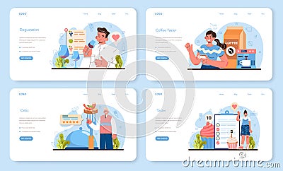 Food critic web banner or landing page set. Professional writer making review Vector Illustration