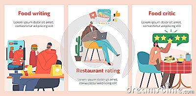 Food Critics Banners, Taster Making Opinion on Food, Wine, Drinks. Professional Writers or Bloggers Making Review Vector Illustration