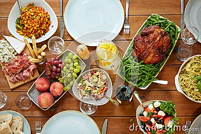 Various food on served wooden table Stock Photo