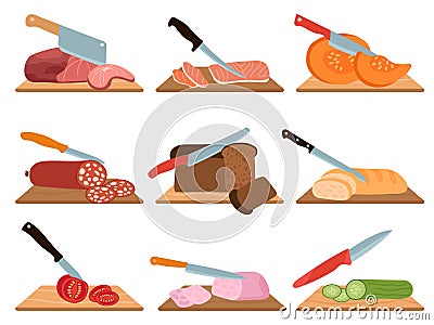 Food cut process. Raw meat and ham, chopped knife vegetables on wood board. Dinner cooking, isolated ingredients prepare Vector Illustration