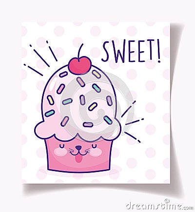 Food cute drawing cupcake in dotted paper cartoon Vector Illustration