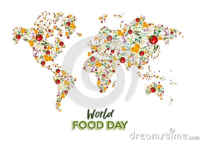 Food Day greeting card of vegetable world map Vector Illustration