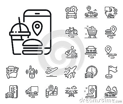 Food delivery app line icon. Contactless meal order sign. Plane, supply chain and place location. Vector Vector Illustration