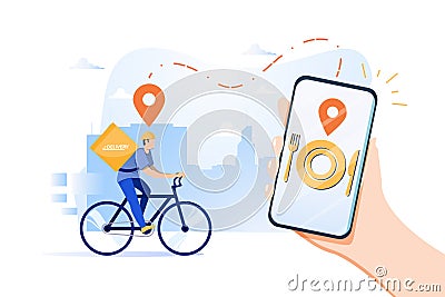 Food delivery app on a smartphone tracking a delivery man on a bicycle with a ready meal, technology and logistics concept, city Stock Photo