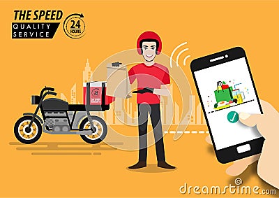 Food delivery app on a smartphone tracking a delivery man on a moped with a ready meal Vector Illustration