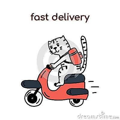 Food delivery a cheerful cat character rides a scooter with an order in a large backpack.Hand-drawn vector illustration Vector Illustration