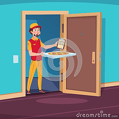 Food delivery concept. Cartoon guy deliver with pizza in home doorway. Vector illustration Vector Illustration