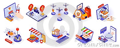 Food delivery concept isometric 3d icons set. Vector Illustration